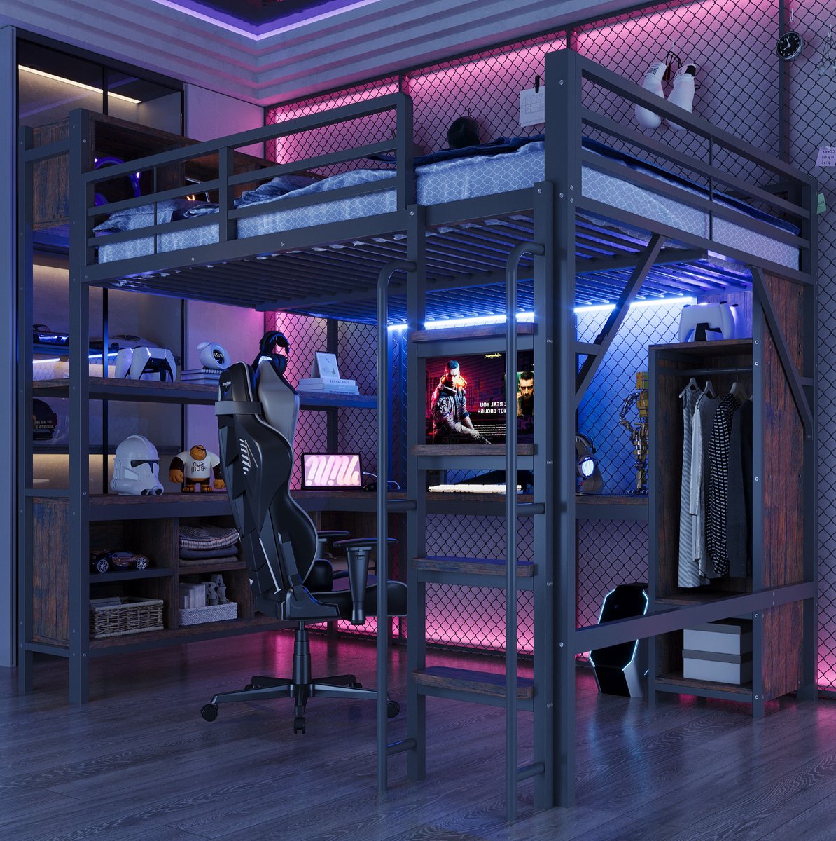 OKWISH Hoogslaper 140x200 cm - Met Bureau En Kledingkast - LED-Verlichting En Stopcontacten - Met Opbergruimte - Zonder Matras - Zwart