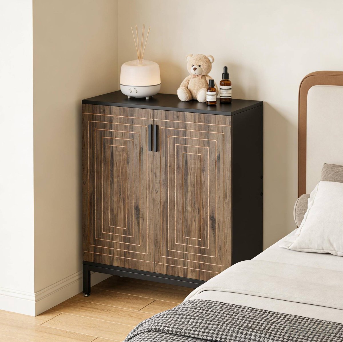 OKWISH Schoenenkast - Staand Opbergmeubel - 80 x 38 x 95 cm - 2 Deuren - 5 Planken - Voor Hal of Slaapkamer - MDF en Metaal Zwart Lichtbruin