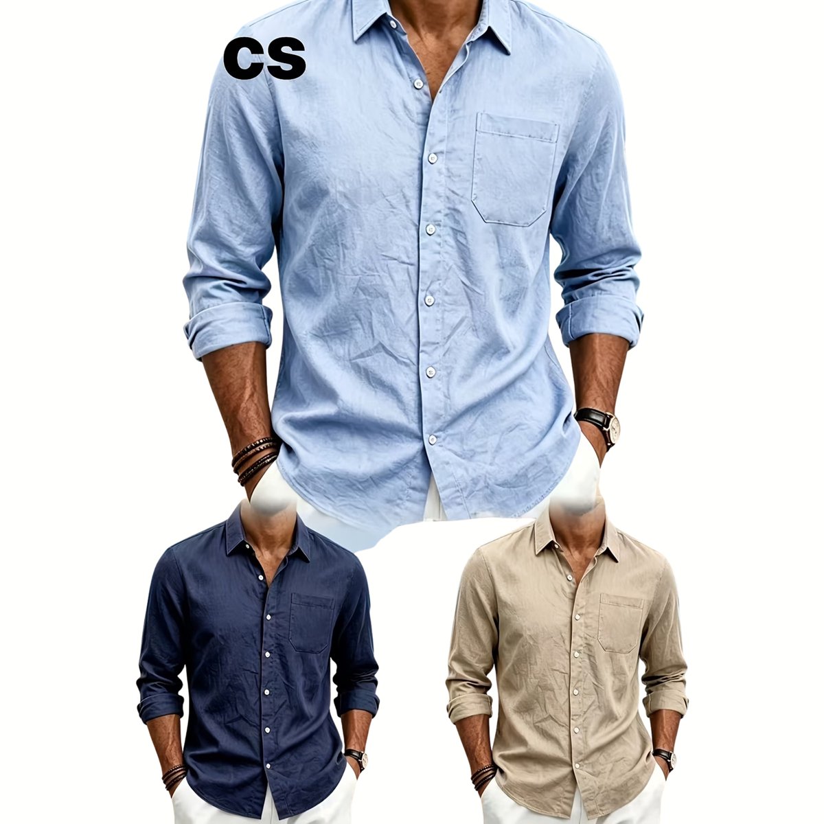 Currero Linnen Blouse Heren T Shirt Polo Overhemd Shirt Zomer Ibiza Stijl Lichtblauw+ + Khaki