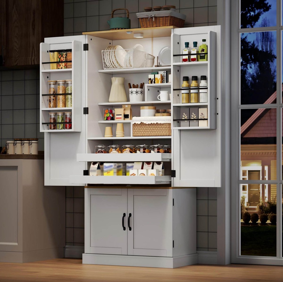 OKWISH Keukenkast - Hoge Opbergkast Met Bewegingssensor En Verstelbare Planken - 80 x 40 x 180 cm - 2 Lades - MDF Wit