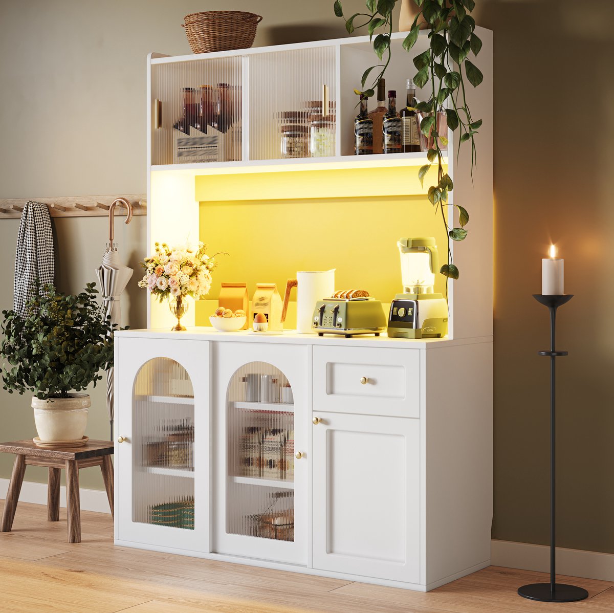 COVREO Keukenkast 120 x 35 x 167 cm - met LED-verlichting, verstelbare planken, wit