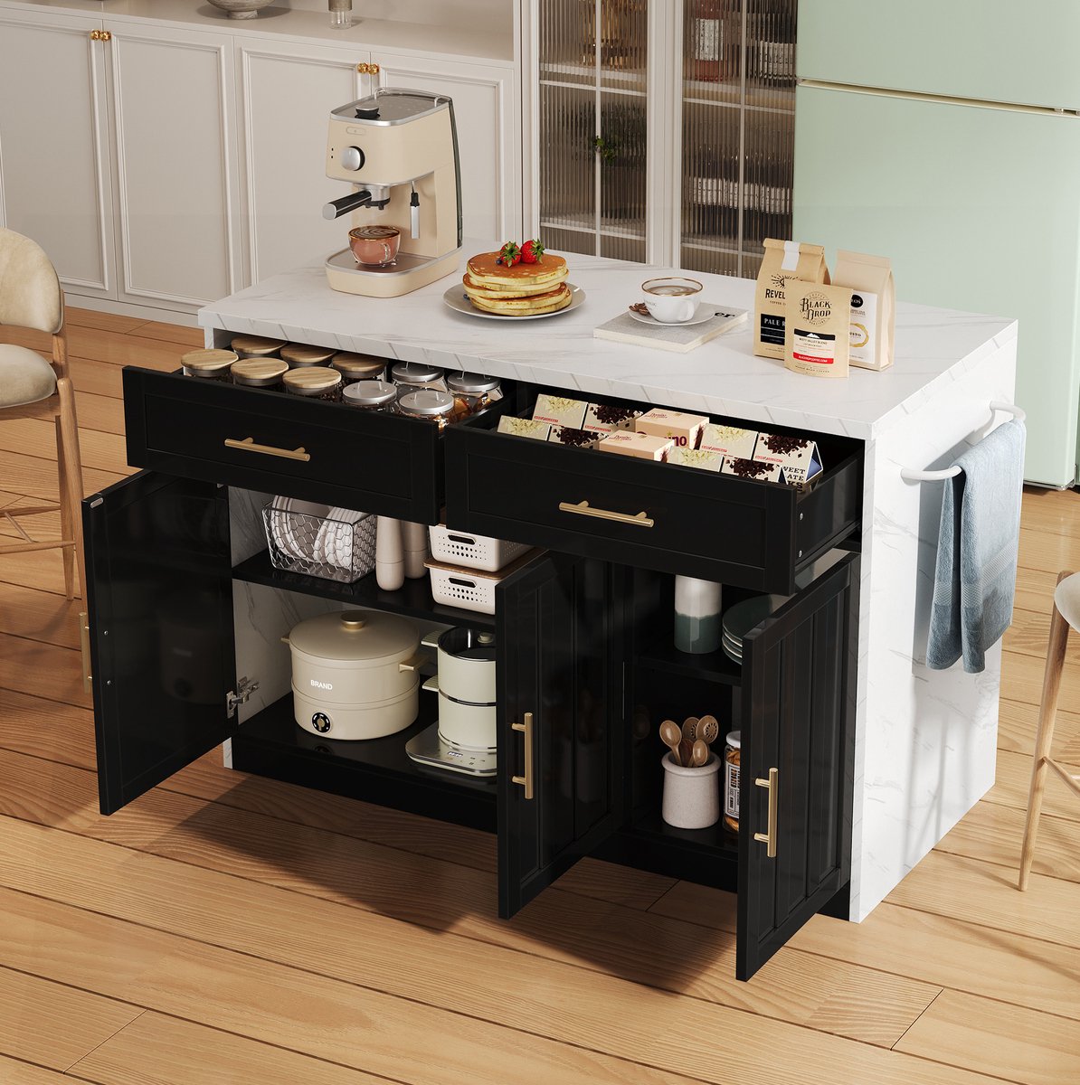 COVREO Keukeninsel 120 x 60 x 91 cm - 2 lades, 3 deuren, stopcontacten, USB, zwart
