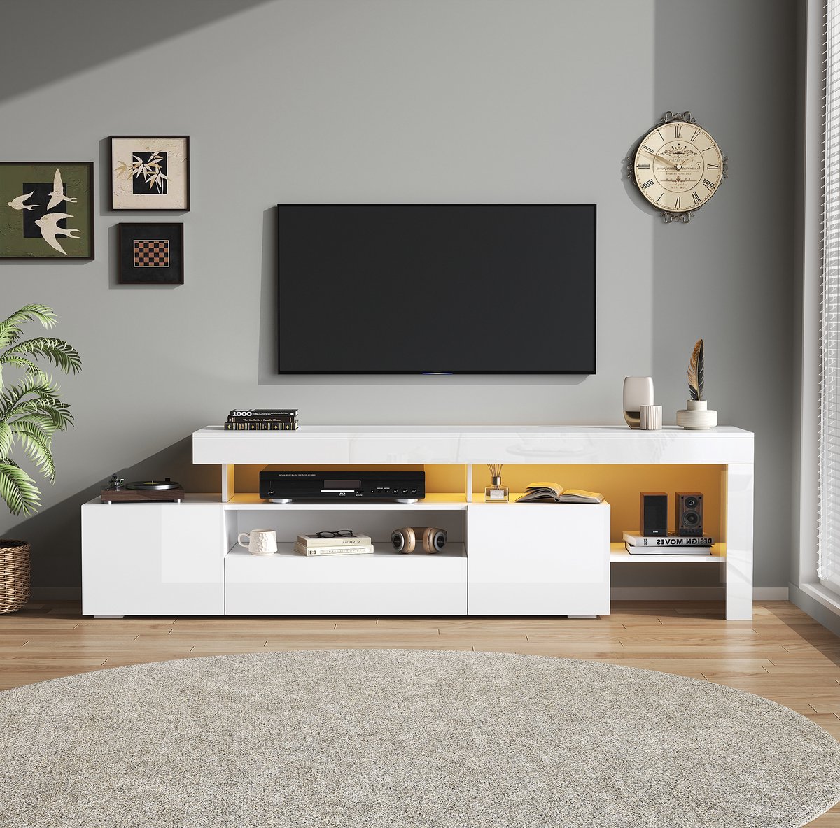 COVREO TV meubel 192 x 37 x 53 cm - hoogglans front, LED-verlichting, 3 deuren, wit