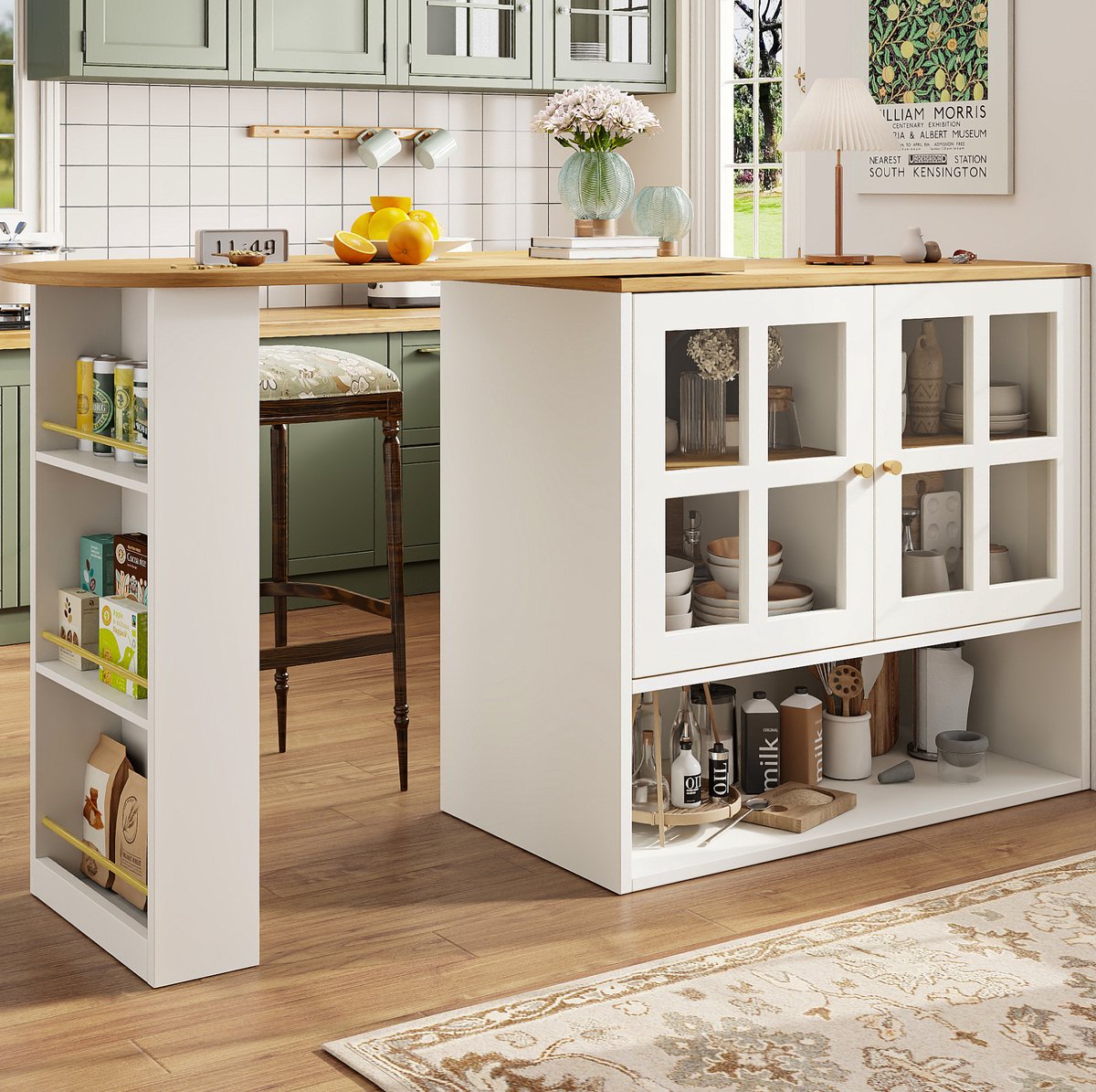 COVREO Statafel 138-204 x 39 x 102,5 cm - 360 draaibaar, met opbergruimte en glas, wit