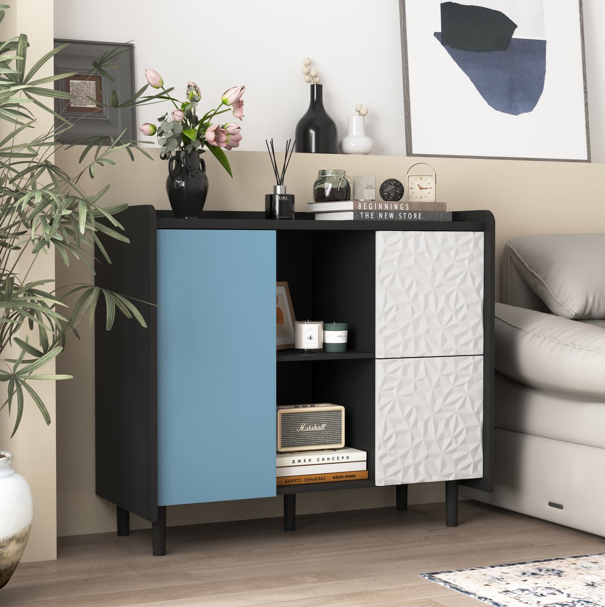 COVREO Buffetkast 90 x 40 x 80 cm - zwart en blauw, 2 lades, 2 open opbergvakken