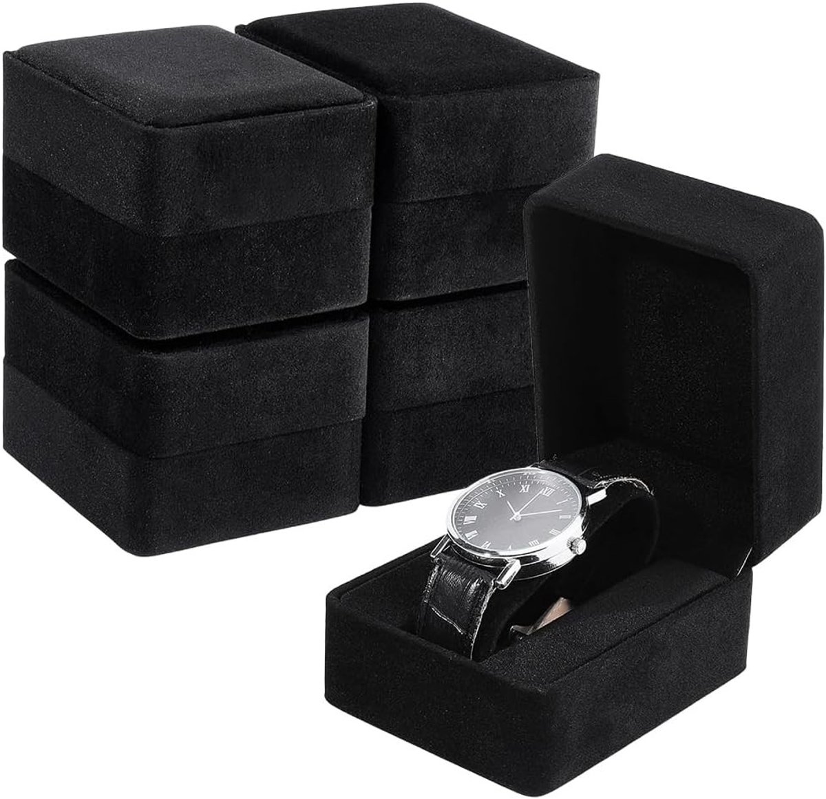 Luxe horlogedoos van hout en fluweel met afneembaar kussen, ideale organizer voor reizen en opslag, geschikt voor mannen en vrouwen, 4 compartimenten, zwart