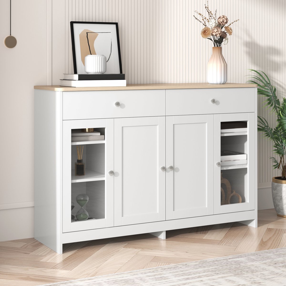 COVREO Dressoir 120 x 37 x 80 cm - 4 deuren, 2 lades, verstelbare planken, wit en houtkleur