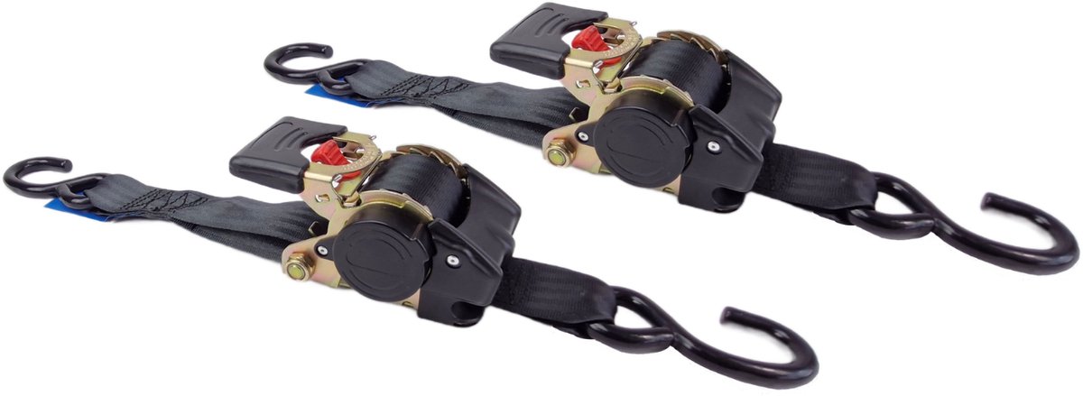 BCF-Products Automatische spanband - met S haken - 3 meter - Zwart - 2 stuks - Zelfoprollend - 50mm