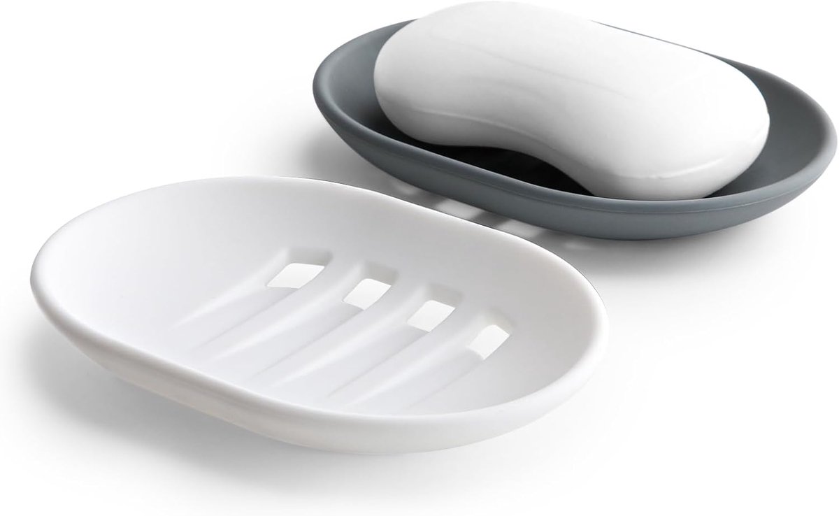 Thijox - 2 Stuks Siliconen Zeepbakje met Afvoer, Antislip en Draagbare Zeephouder, Grijs en Wit, Ideaal voor Badkamer, Douche en Keuken