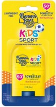 Gele Banana Boat Kids Sport zonnebrandstick met SPF 50 en PowerStay Technology. "Won't Run Into Eyes".