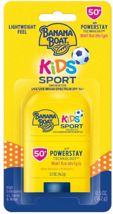 Gele Banana Boat Kids Sport zonnebrandstick met SPF 50 en PowerStay Technology. "Won't Run Into Eyes".