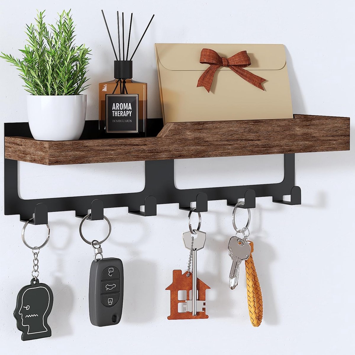 SnelShoppen - Wand Sleutelhanger met Houten Tray en 6 Haakjes - Sleutelrek voor Wandmontage, Post Organizer, Sleutelhanger voor Hal, Entree, Kantoor,