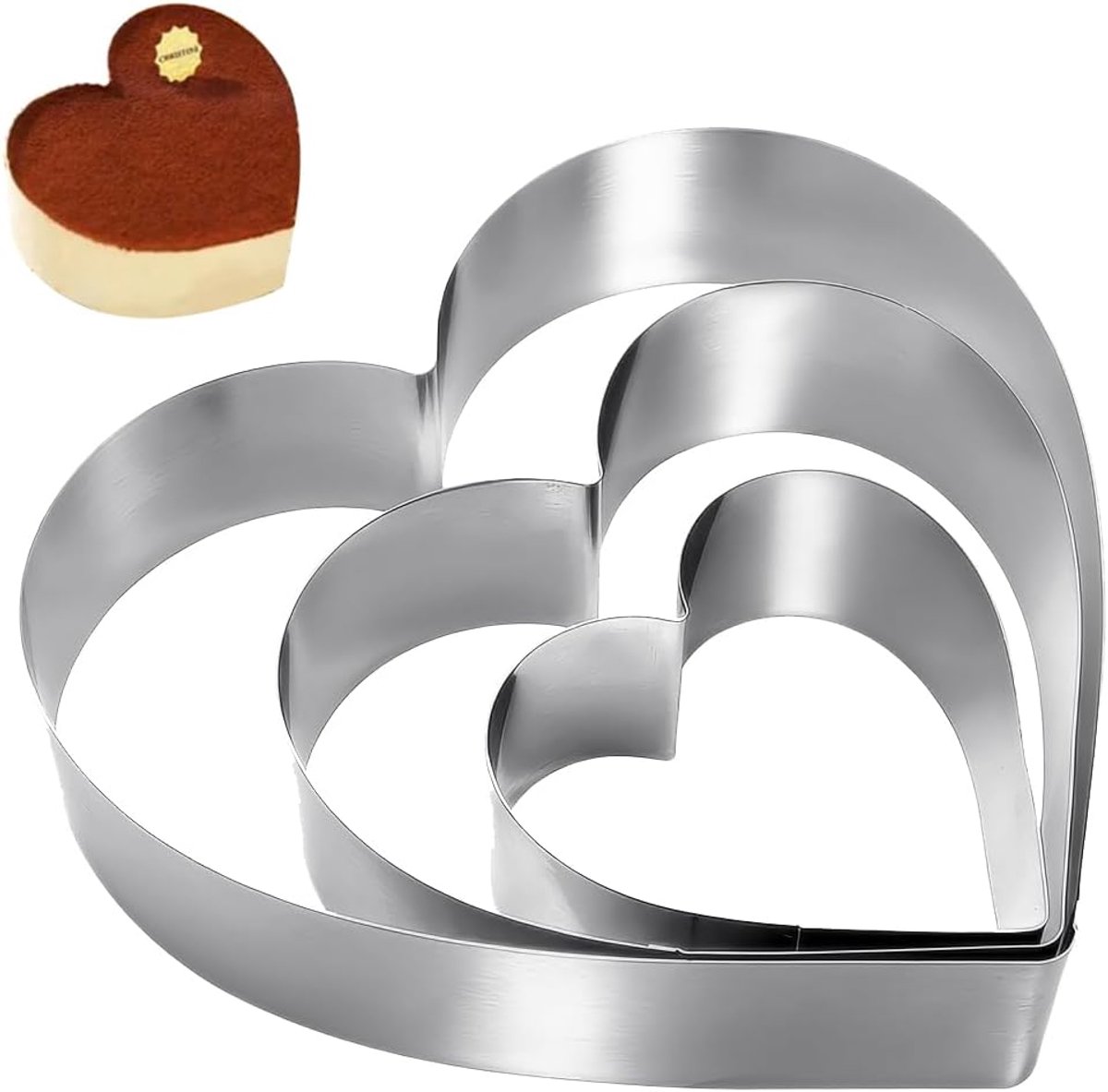 Thijox - Set van 3 Hartvormige Uitsteekvormen Roestvrij Staal - Taartvormen en Koekjesvormen - Diameter 10/15/20 cm - Zilver - Voor Bakken van Cake en