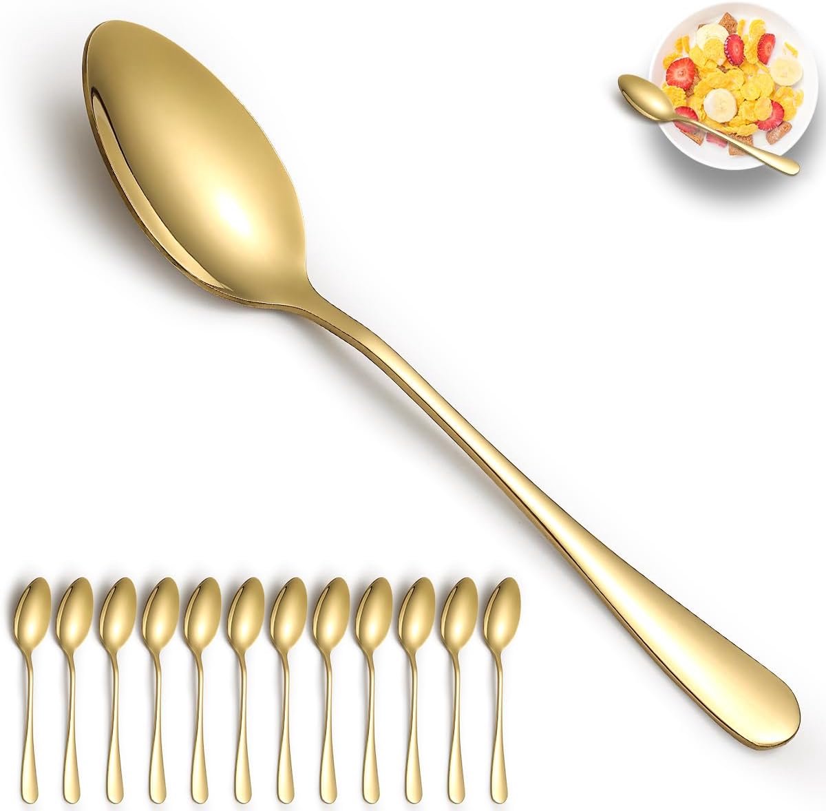 SnelShoppen - Gouden Tafellepels Set van 12, RVS Titanium Gecoat, Soeplepels voor Thuis, Restaurant, Bruiloften, Feesten, Kerstmis
