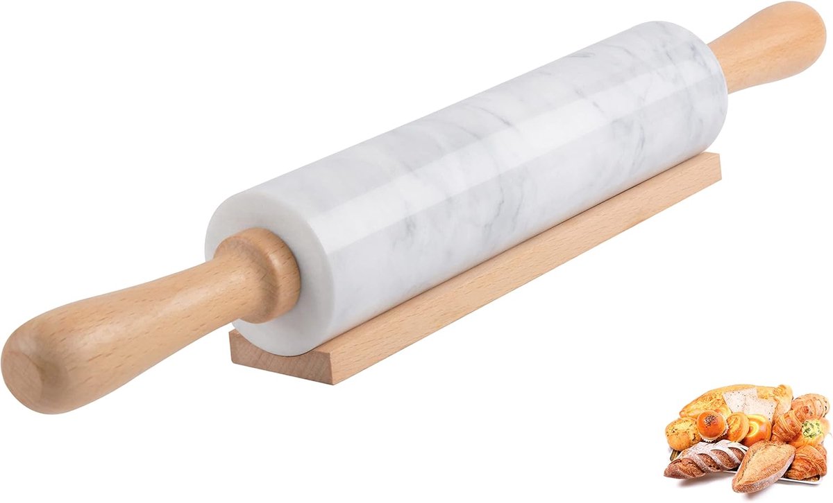 SnelShoppen - Marmeren Deegroller met Houten Handvat 47cm - Hoge Kwaliteit Gepolijste Roller voor Pizza, Fondant, Taartdeeg - Anti-aanbakoppervlak, Ee
