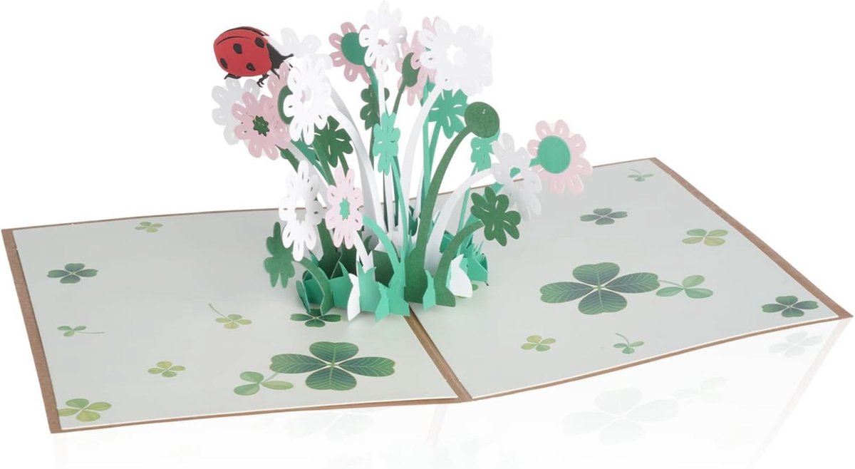 Handgemaakte pop-upkaart met geluksklaver 13 x 18 cm voor verjaardagen, examens en feestelijke gelegenheden, 3D-kaart met geluksbloemen