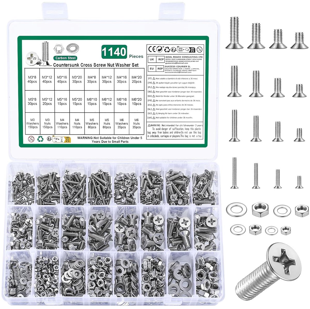 SnelShoppen - 1140-delige M3 M4 M5 M6 Schroeven Set, Countersunk Hoofd Schroeven en Moeren Set, Plat Hoofd Schroeven Assortiment met Washers (Zilver,