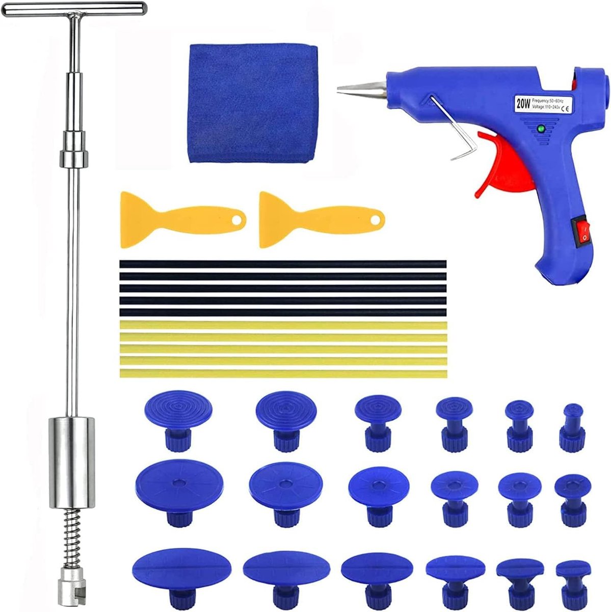 Thijox - Gereedschapsset voor Deuken Verwijderen, Lakvrije Reparatieset met Lijmpistool en T-Stanggereedschap, Inclusief Zelfklevende Verstekbuffer vo