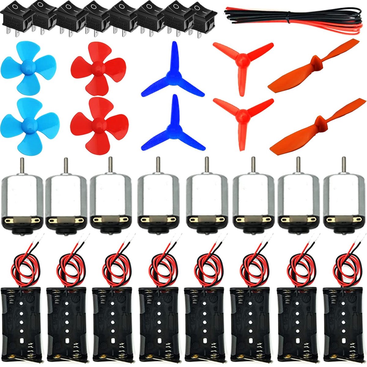 SnelShoppen - 8 Set DC Mini Motoren - Elektrisch Leerpakket - 1.5-3V - 15000-16500 RPM - Inclusief AA Batterijhouder, Toggle Switches en Mini Ventilat