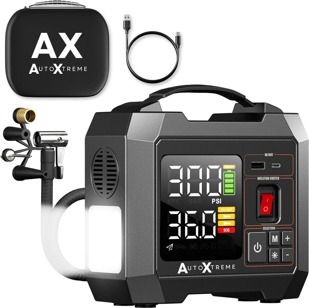 SnelShoppen - Draagbare Luchtcompressor Draadloos - Bandenpomp voor Auto, Motor, Fiets - 10,3 BAR - 16.000 mAh Powerbank met Automatische Stopfunctie