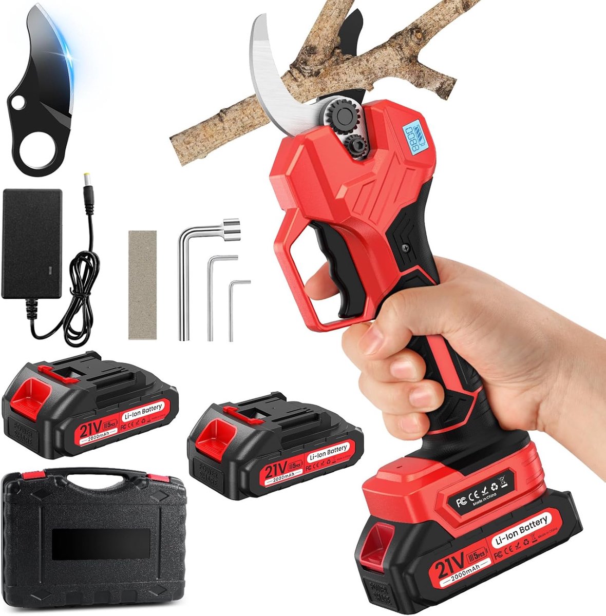 SnelShoppen - Elektrische Snoeischaar 50mm - 2 x 2000mAh Accu Tuinscharen - SK7 Stalen Bladen - Voor Tuin, Boom, Heg - Snoeigereedschap voor Precisie