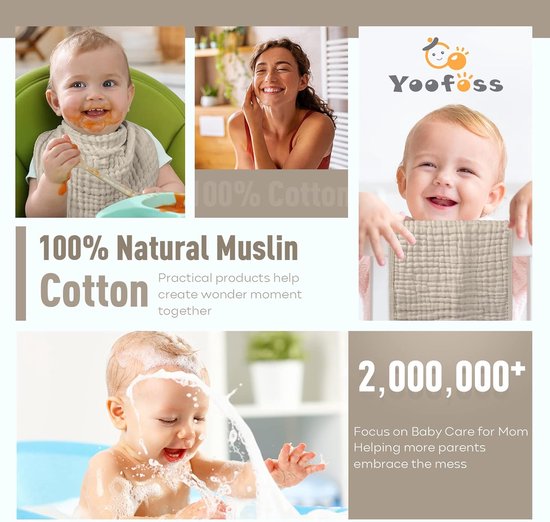 Pack of 10 Burp Cloths 27 x 50 cm - 6 Layers Absorbent Washcloths - 100% Cotton - Baby Diapers for Bean Paste hydrofiele washandjes — afbeelding 3