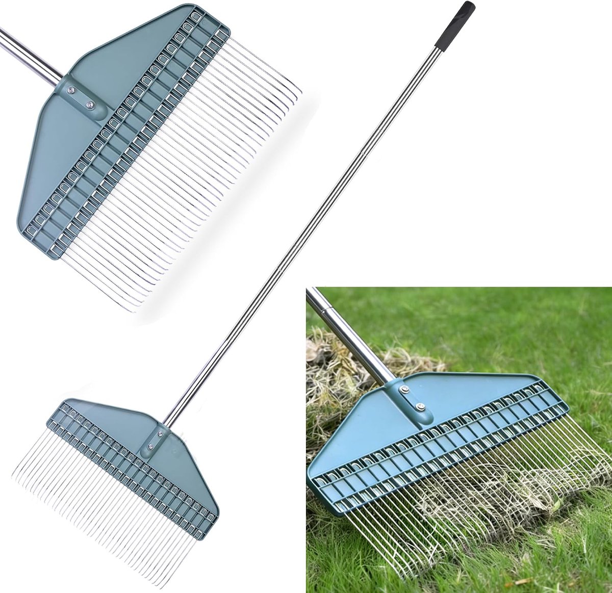 Thijox - Gazonrieten hark voor bladeren, tuinhark met 43 cm kop en 66 inch roestvrijstalen handvat - Ideaal voor tuin, gazon, struik, tuinbedden en pl