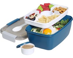 Thijox - Greentainer to Go Saladeschaal 75 oz, Grote Bento-Lunchbox met Deksel, 5-vaks Bakjes, Dressingcontainer, Stapelbaar, Lekvrij, BPA-vrij, Magne