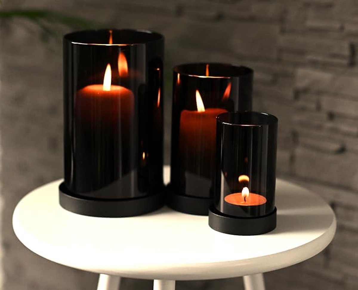 SnelShoppen - Windlight 1-piece set (3 glazen) met zeelicht effect | Lichthouder | Glazen cilinder | Zwart kaarsenstandaard | Perfect cadeau voor elke