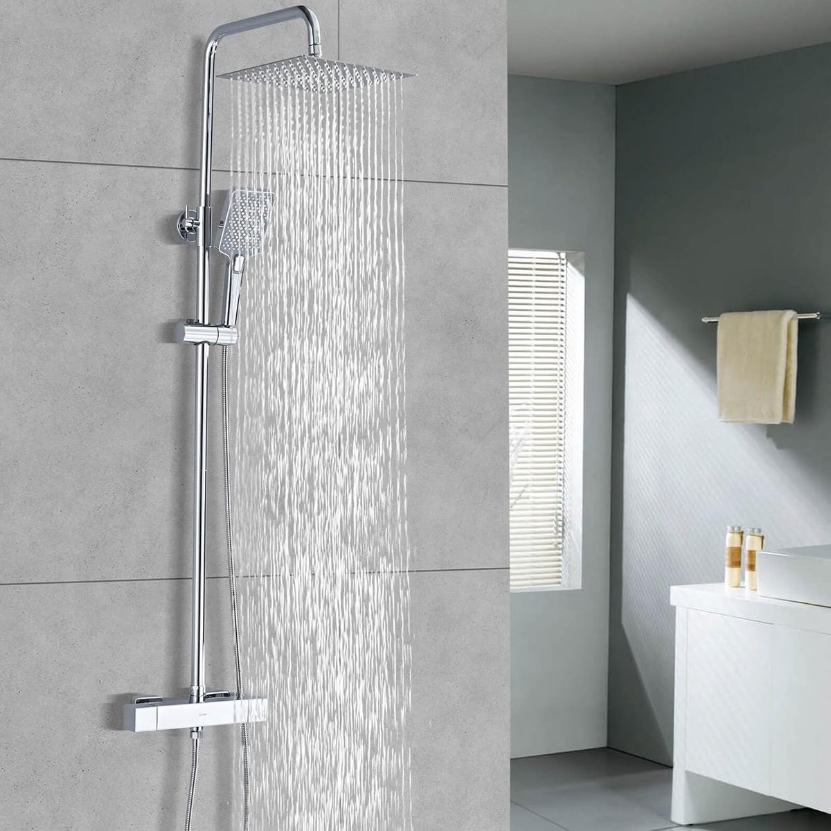 Thijox - Douchesysteem met Thermostaat, Roestvrijstalen Douchearmatuur, 25 cm Vierkante Overhead Regendouche, 3 Straalsoorten, Siliconen Handdouche, H