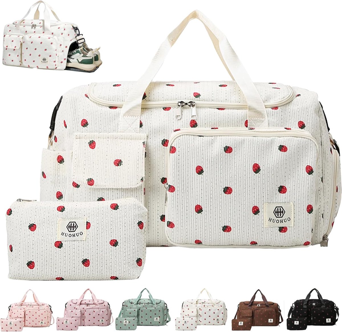 Thijox - Dames Reistas Sporttas met Schoenenvak, Vak voor Natte Spullen en Portemonnee, Corduroy Zwemtas, Aardbeien Gymtas, Weekender Reistas 48x22x27