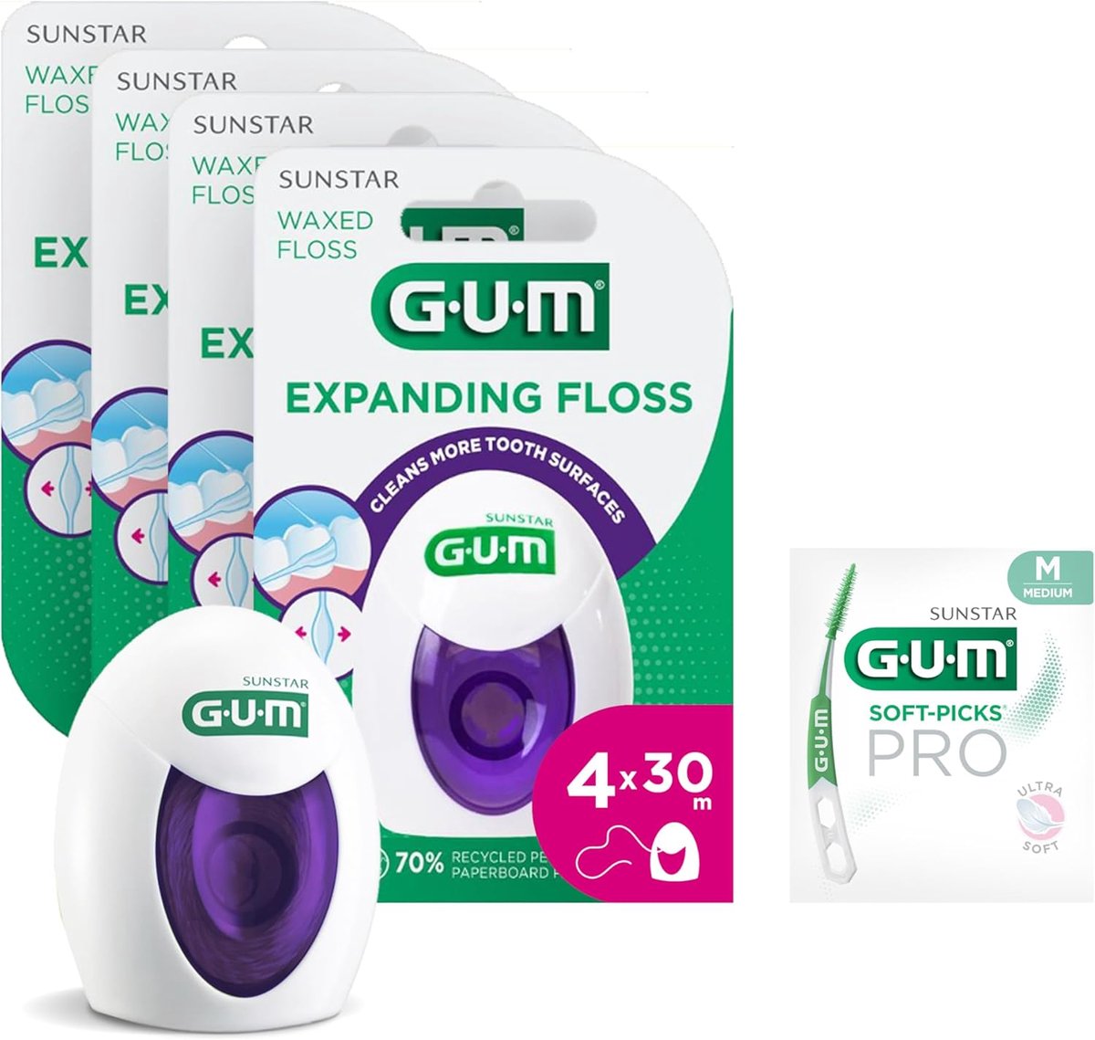 Thijox - GUM Expanding Floss | Tandenflos voor Gezond Tandvlees | Verwijdert Plak Tussen Tanden | Ideaal voor Gevoelige Tanden | 4x30m + 1 Gratis Samp