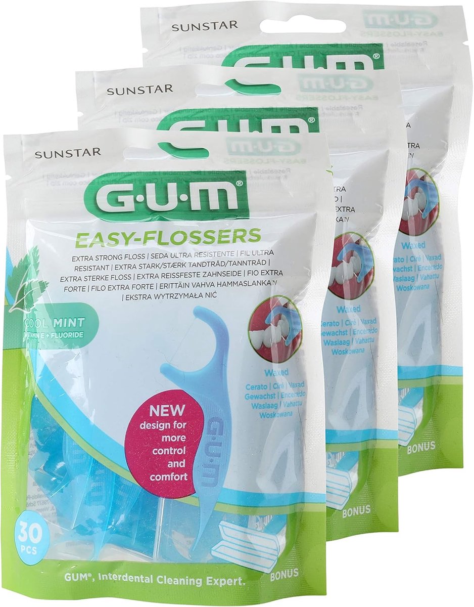 Thijox - GUM Easy Flosser Tandzijde met Houder, 90 Stuks, Voordeelverpakking van 3 x 30 Stuks, Gewaxt, Mintsmaak, Eenvoudig in Gebruik voor Tandenrein