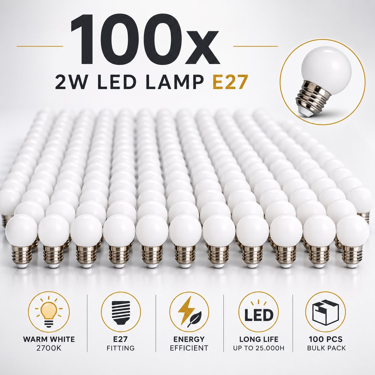 Set 100st Led kogellamp - 2W E27 Warm white 2700K - melkwitte kap - Dimbaar - IP21 - ideaal voor prikkabel of lichtslinger.