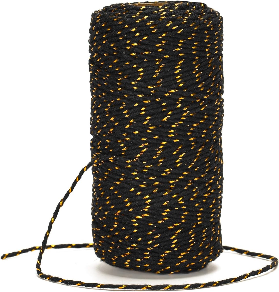 Zwarte Katoenen Touw van 2mm met Gouden Draad, 100m Kerstkoord voor Cadeauverpakking, Glitter Touw voor Decoratie en Tuinieren