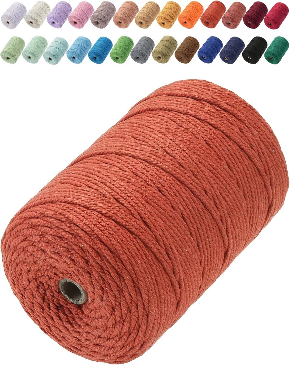Premium Katoenen Macrame Touw 3mm x 200m, 4 Strengen Gedraaid, Zacht en Chemisch Vrij, Ideaal voor Macrame Projecten en Ambachten in Roodbruin