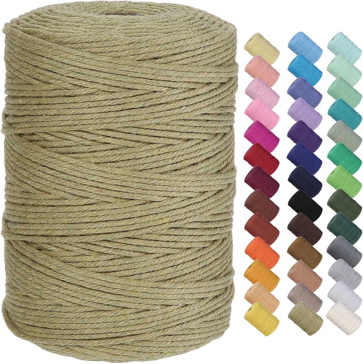 Premium 3mm Macramé Touw van 300m - Zacht Katoen, 4 Strengen Gedraaid, Ideaal voor Macramé Projecten, Milieuvriendelijk en Chemisch Vrij (Donker Khaki)