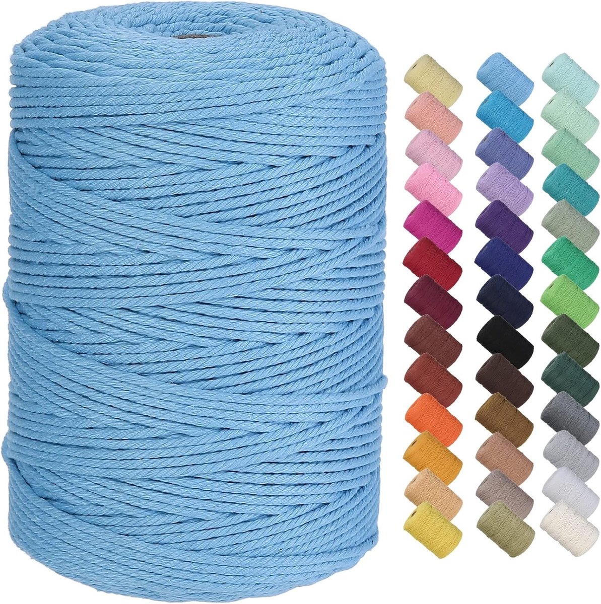 Premium Katoenen Macramé Touw 3mm x 300m - Zacht en Duurzaam, Perfect voor Macramé Projecten, Knutselen en DIY Decoratie (Lichtblauw)
