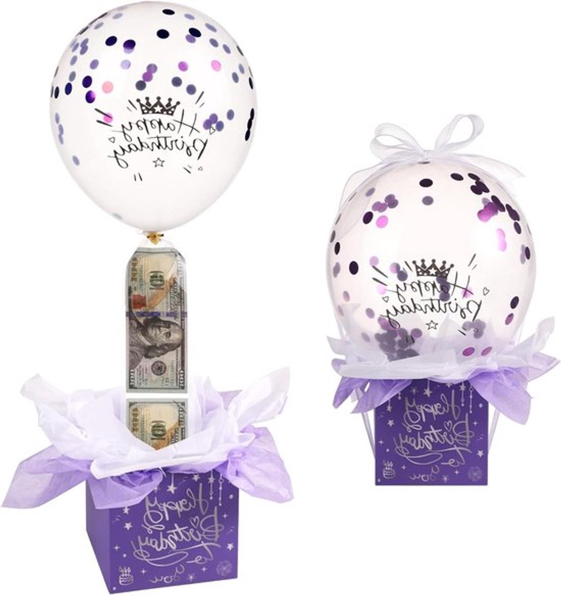 Trekgeldballondoos - Grappige Gelukkige Verjaardagsballonverrassingsset - Ballonnenlintballonhouder - Verrassende Verjaardagsspaarpot - Geschikt voor Vriendin-Vrouw - Paars - Geldcadeau.