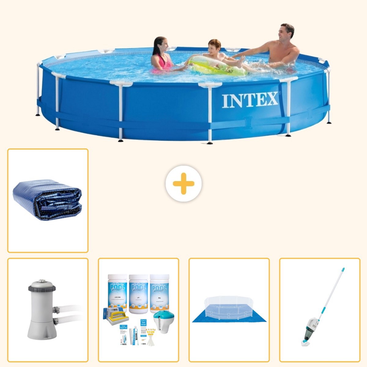 Intex Rond Frame Zwembad - 366 x 76 cm - Blauw - Inclusief Pomp - Onderhoudspakket - Grondzeil - Stofzuiger - Solarzeil - 6-delig
