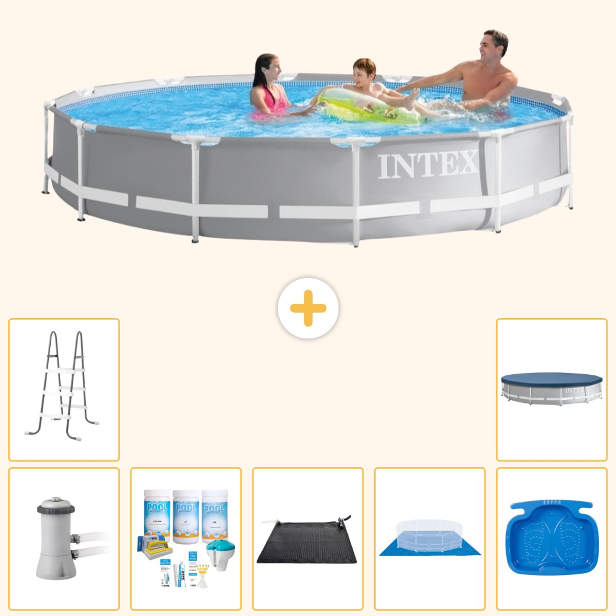 Intex Rond Prism Frame Zwembad - 366 x 76 cm - Grijs - Inclusief Pomp - Onderhoudspakket - Solar Mat - Grondzeil - Voetenbad - Ladder - Afdekzeil - 8-delig