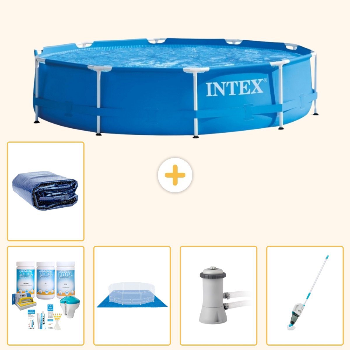 Intex Rond Frame Zwembad - 366 x 76 cm - Blauw - Inclusief Onderhoudspakket - Grondzeil - Zwembadfilterpomp - Stofzuiger - Solarzeil - 6-delig