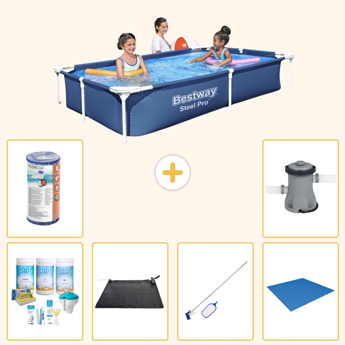 Bestway Rechthoekig Steel Pro Zwembad - 221 x 150 x 43 cm - Blauw - Inclusief Onderhoudspakket - Solar Mat - Schoonmaakset - Grondzeil - Filter - Zwembadfilterpomp - 7-delig