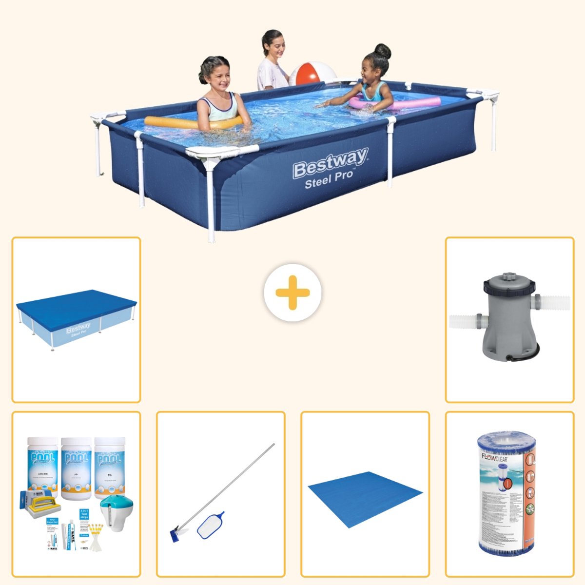 Bestway Rechthoekig Steel Pro Zwembad - 221 x 150 x 43 cm - Blauw - Inclusief Onderhoudspakket - Schoonmaakset - Grondzeil - Filter - Afdekzeil - Zwembadfilterpomp - 7-delig