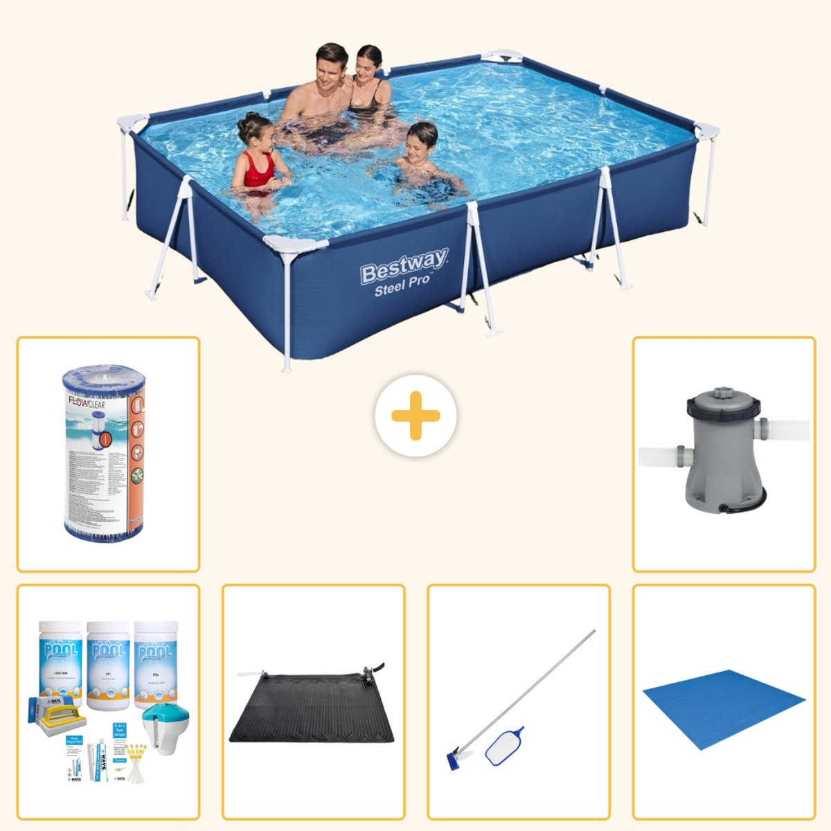 Bestway Rechthoekig Steel Pro Zwembad - 300 x 201 x 66 cm - Blauw - Inclusief Onderhoudspakket - Solar Mat - Schoonmaakset - Grondzeil - Filter - Zwembadfilterpomp - 7-delig
