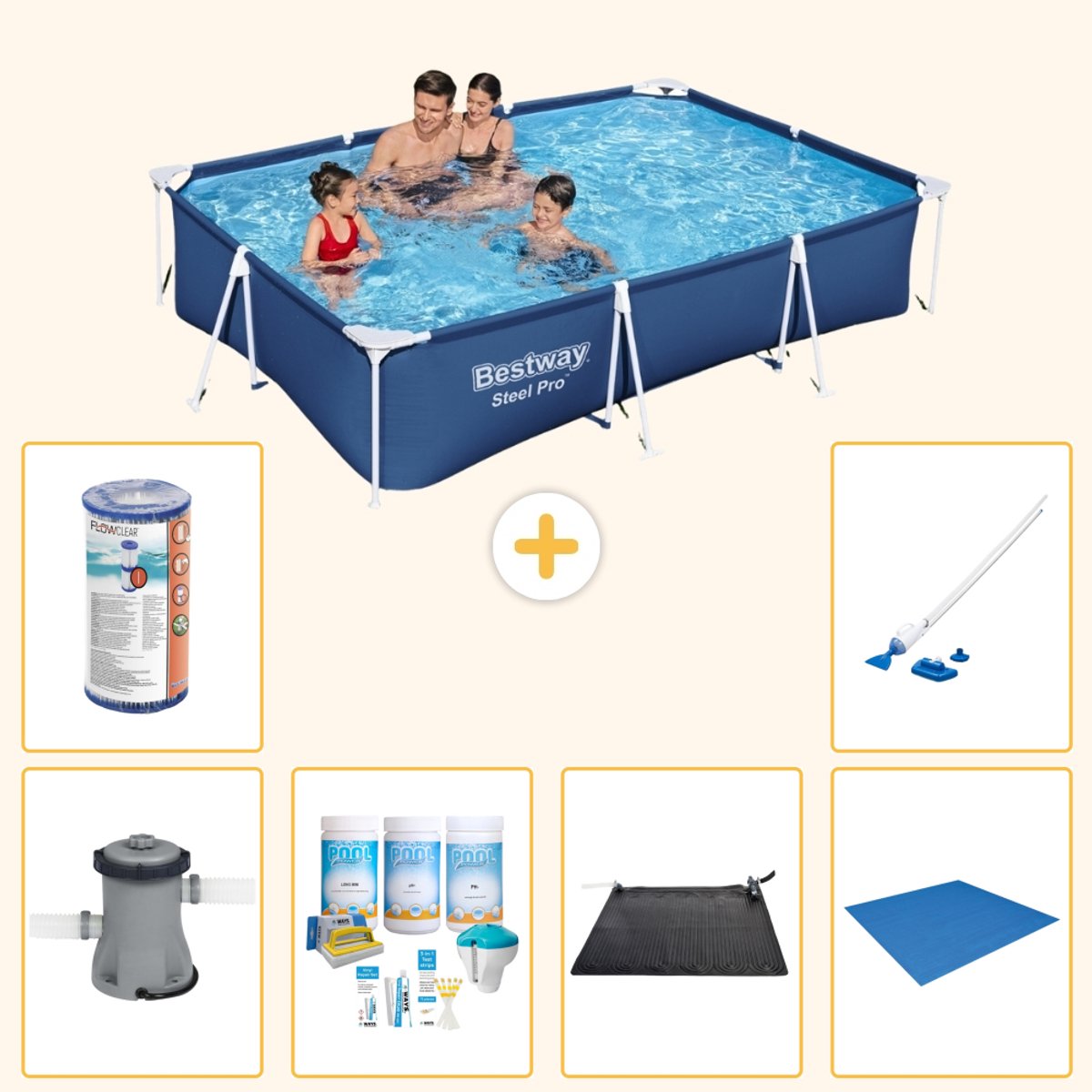 Bestway Rechthoekig Steel Pro Zwembad - 300 x 201 x 66 cm - Blauw - Inclusief Pomp - Onderhoudspakket - Solar Mat - Grondzeil - Filter - Stofzuiger - 7-delig