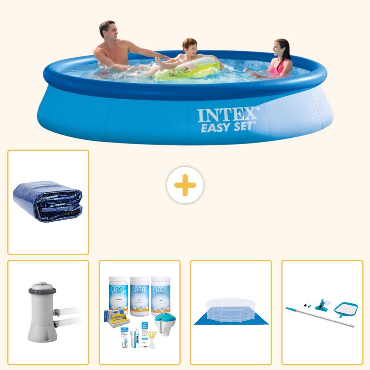 Intex Rond Opblaasbaar Easy Set Zwembad - 366 x 76 cm - Blauw - Inclusief Pomp - Onderhoudspakket - Grondzeil - Schoonmaakset - Solarzeil - 6-delig