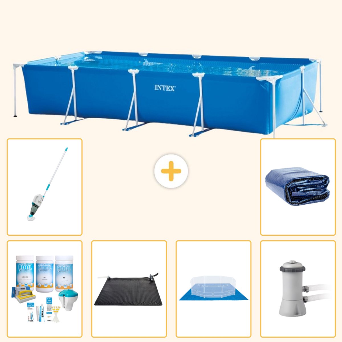 Intex Rechthoekig Frame Zwembad - 450 x 220 x 84 cm - Blauw - Inclusief Onderhoudspakket - Solar Mat - Grondzeil - Zwembadfilterpomp - Stofzuiger - Solarzeil - 7-delig
