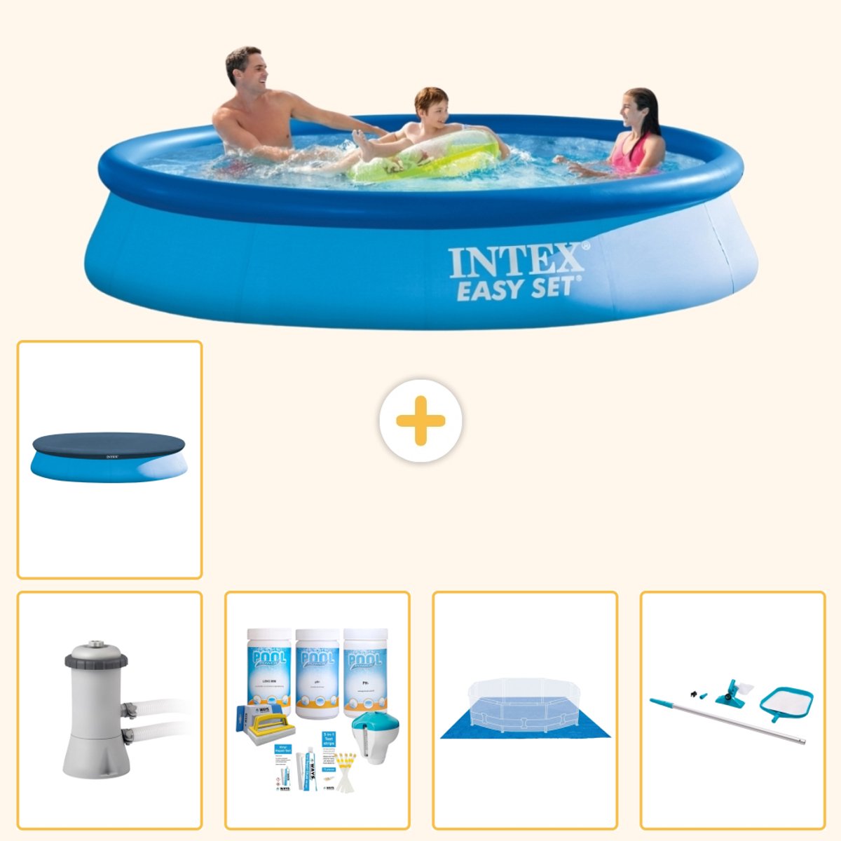 Intex Rond Opblaasbaar Easy Set Zwembad - 366 x 76 cm - Blauw - Inclusief Pomp - Onderhoudspakket - Grondzeil - Schoonmaakset - Afdekzeil - 6-delig