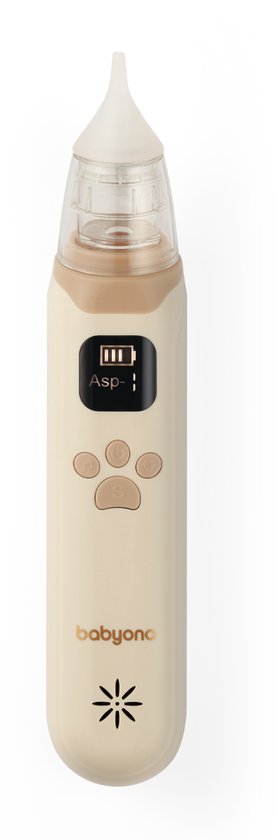 Beige Babyono neusreiniger met digitaal display, pootafdrukknop en logo.